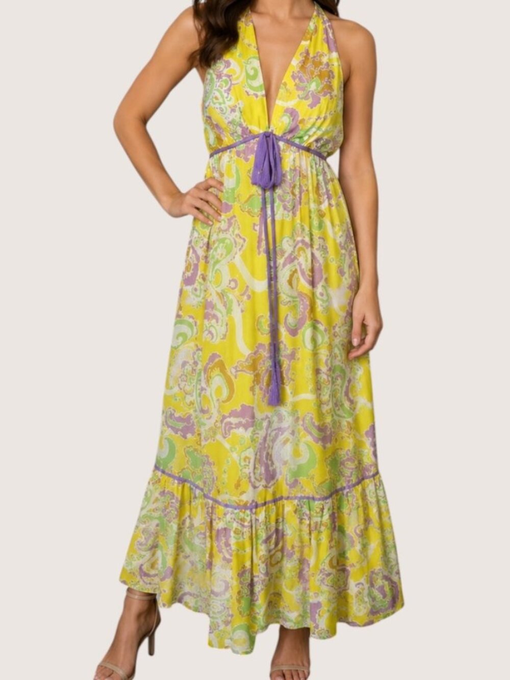 Vintage 1970s Psychedelic Maxi Dress – Yellow & Lavender Paisley Print